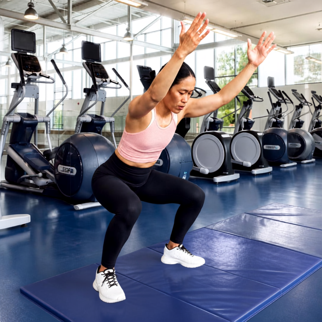 Woman squatting on a blue mat in a gym, wearing a pink top and black leggings. Ellipticals and windows in the background.
