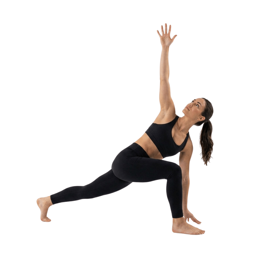 Woman doing the World’s Greatest Stretch in a lunge, with one hand on the ground, showing hip mobility and spinal rotation.