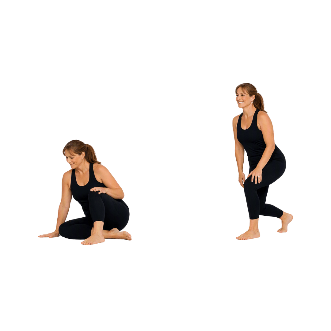 Woman in her 40s doing Get Up and Down From the Floor exercise, barefoot in black athletic wear, showing balance and mobility