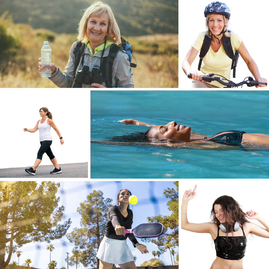 Collage of six people: hiking, cycling, walking, swimming, playing pickleball, and dancing, highlighting a healthy lifestyle