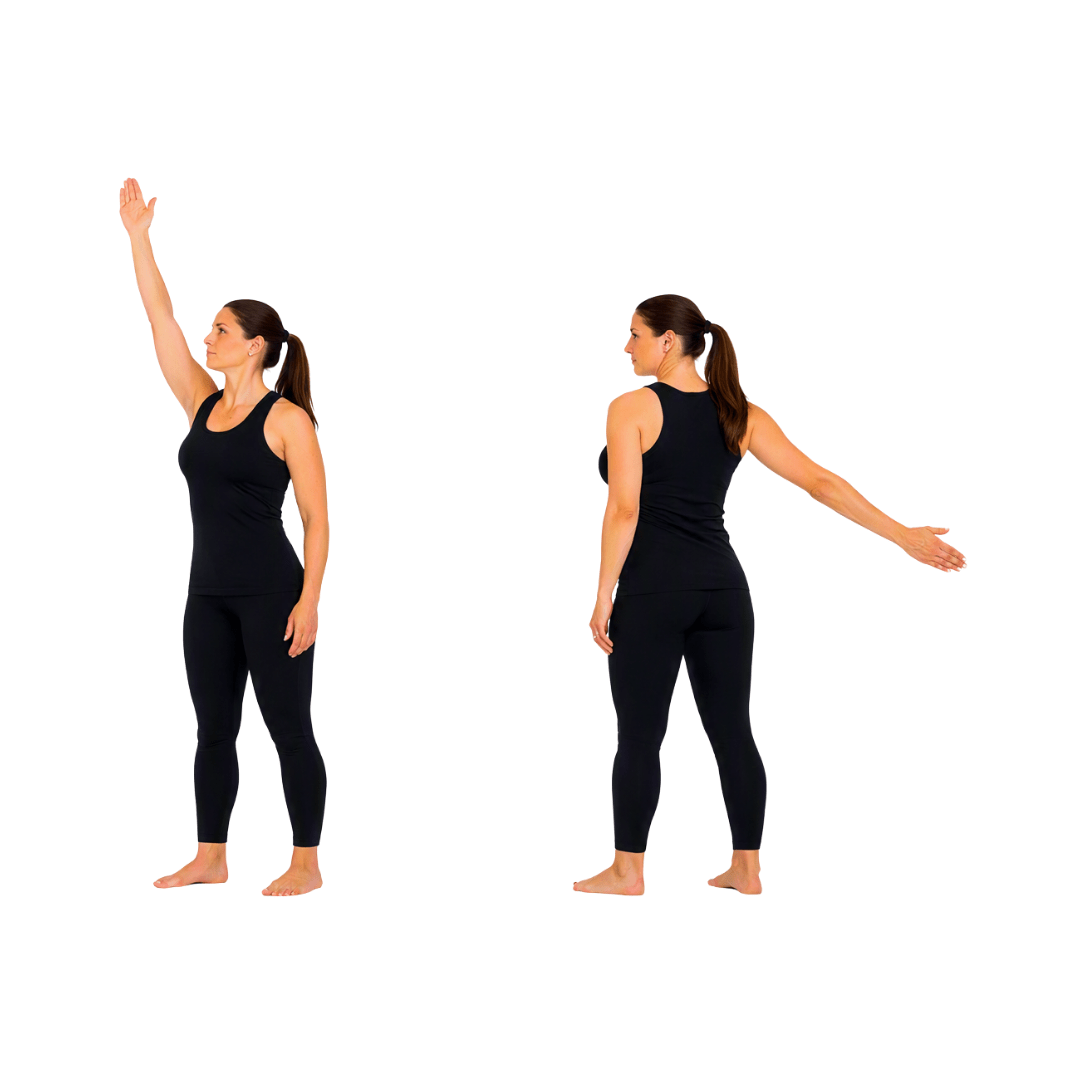 Woman doing Shoulder CARs drill, standing barefoot in black athletic wear, showing shoulder rotation and mobility.