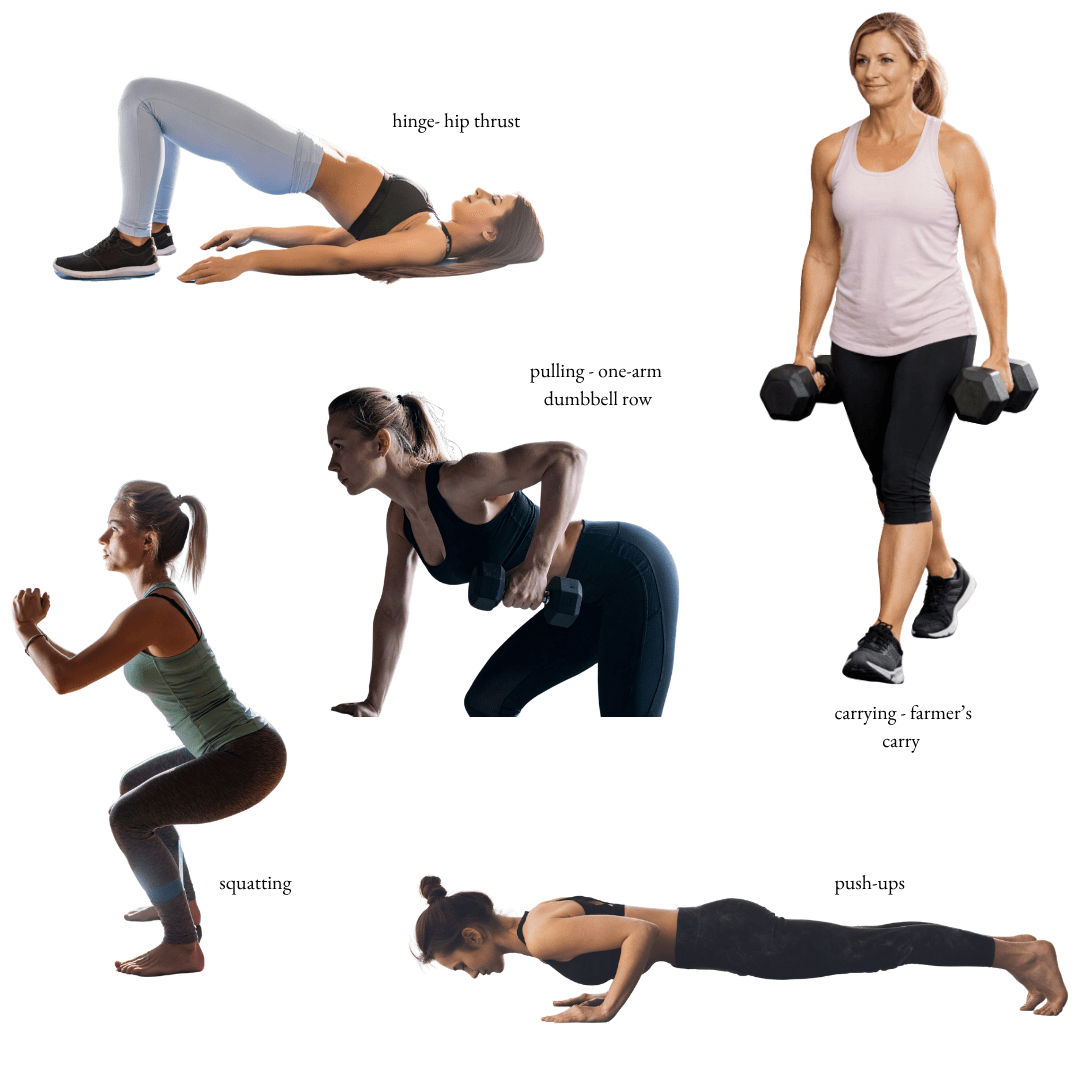 Five people doing strength exercises: hip thrust, dumbbell row, carry, squat, push-up, showing functional fitness.