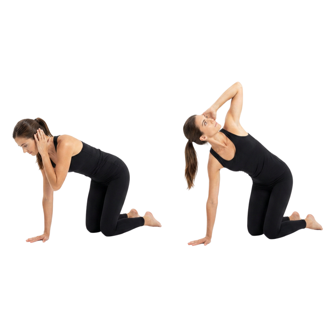 Woman doing thoracic rotation on hands and knees in black athletic wear, showing spine mobility and rotational control.