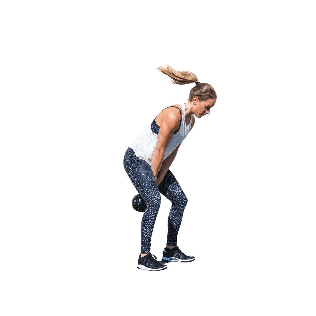 Person doing a kettlebell swing, holding a black kettlebell, wearing a white sleeveless top and patterned leggings.