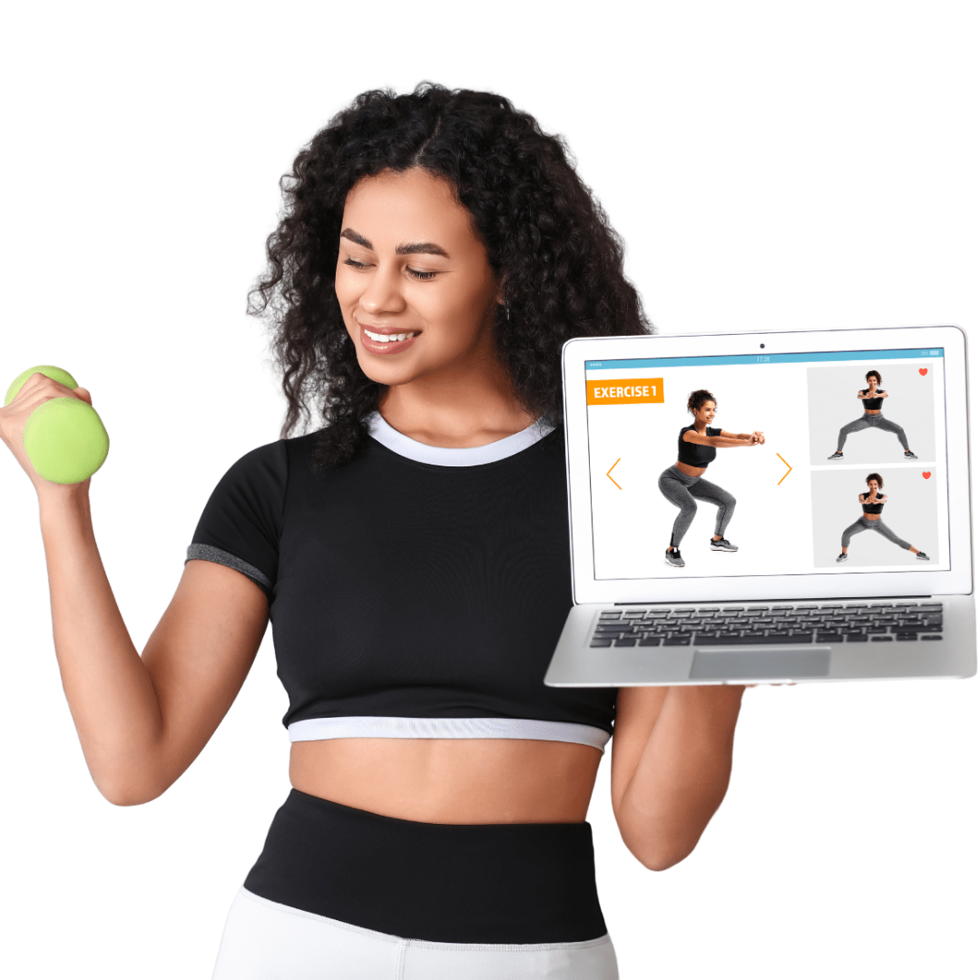 Woman holding a dumbbell and laptop showing fitness exercise routines on a white background.