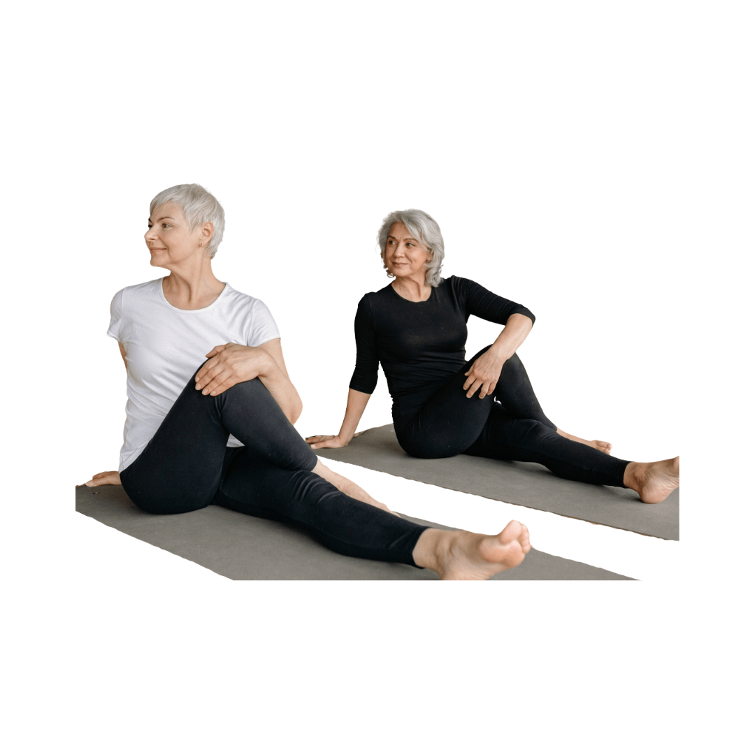 Two people doing a seated spinal twist on yoga mats, one in white, one in black. Enhances spinal flexibility and relaxation.