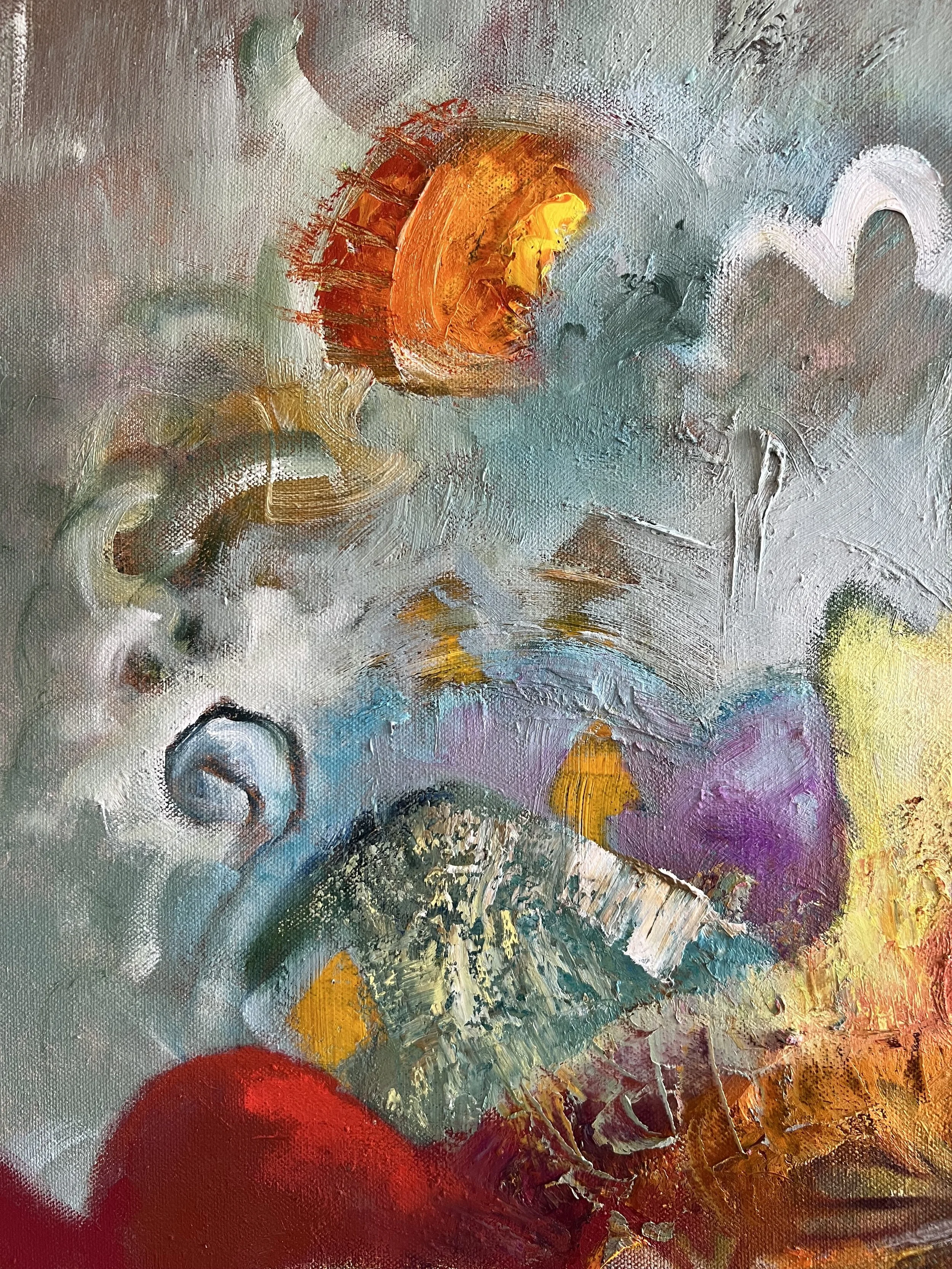 Detail of oil  painting featuring four houses