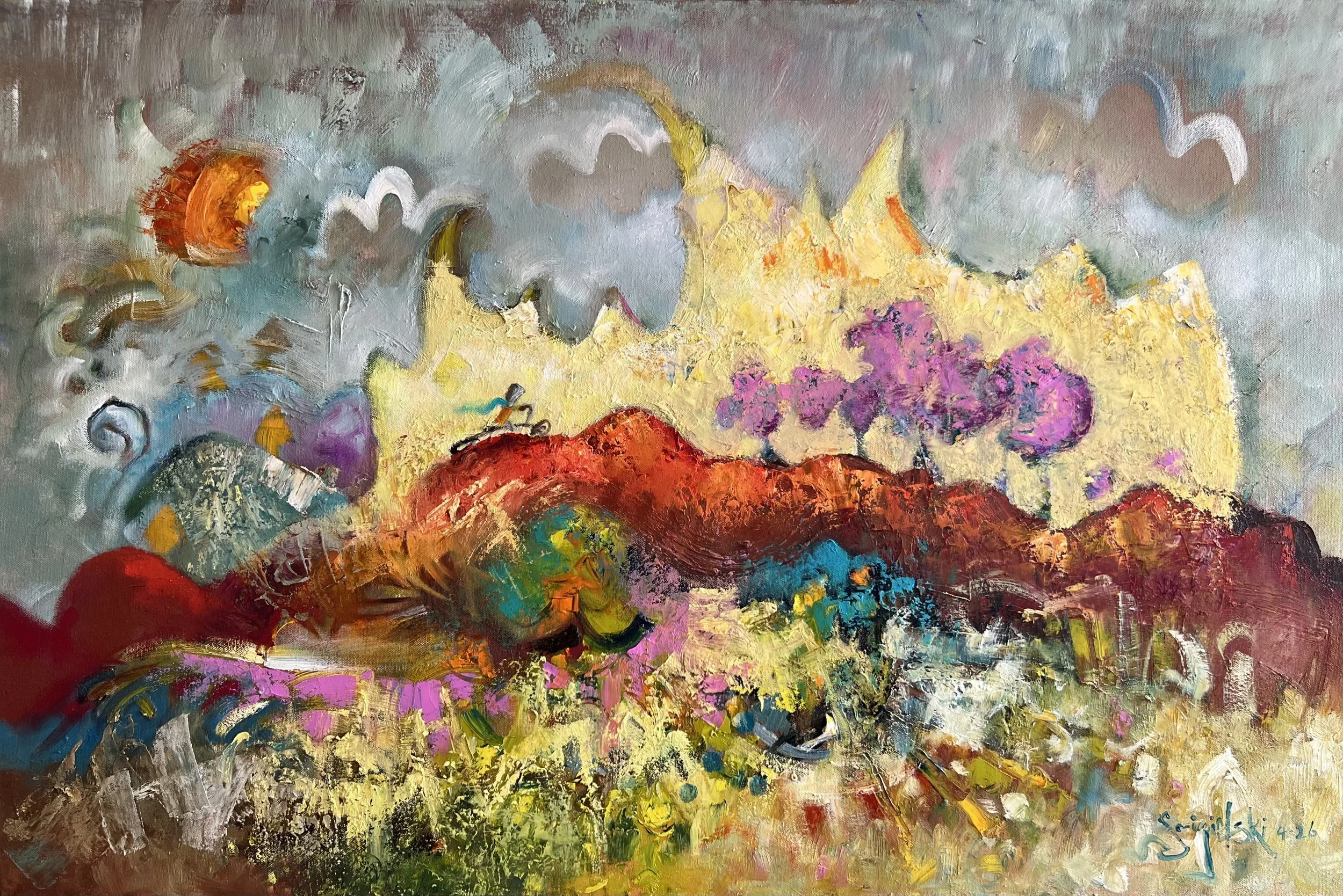 Brave Ascent – Original Expressionist Painting of a Cyclist in Mountain Landscape, Yellow Red & Lilac”