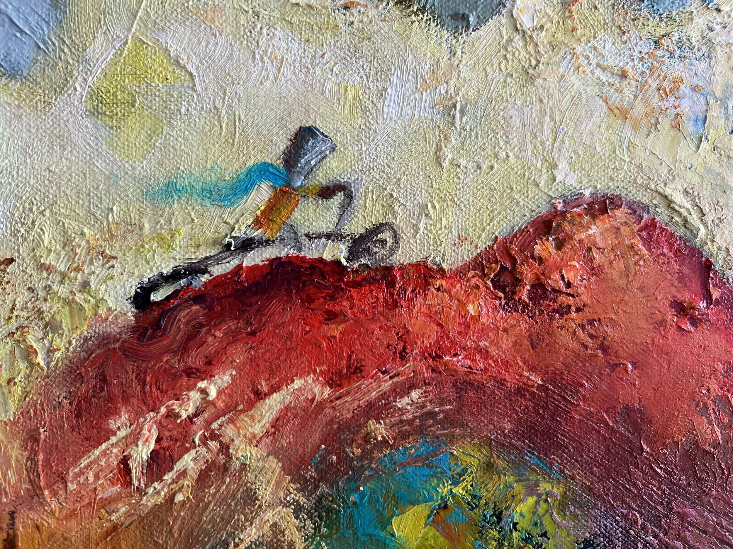 Oil painting detail of person riding bike