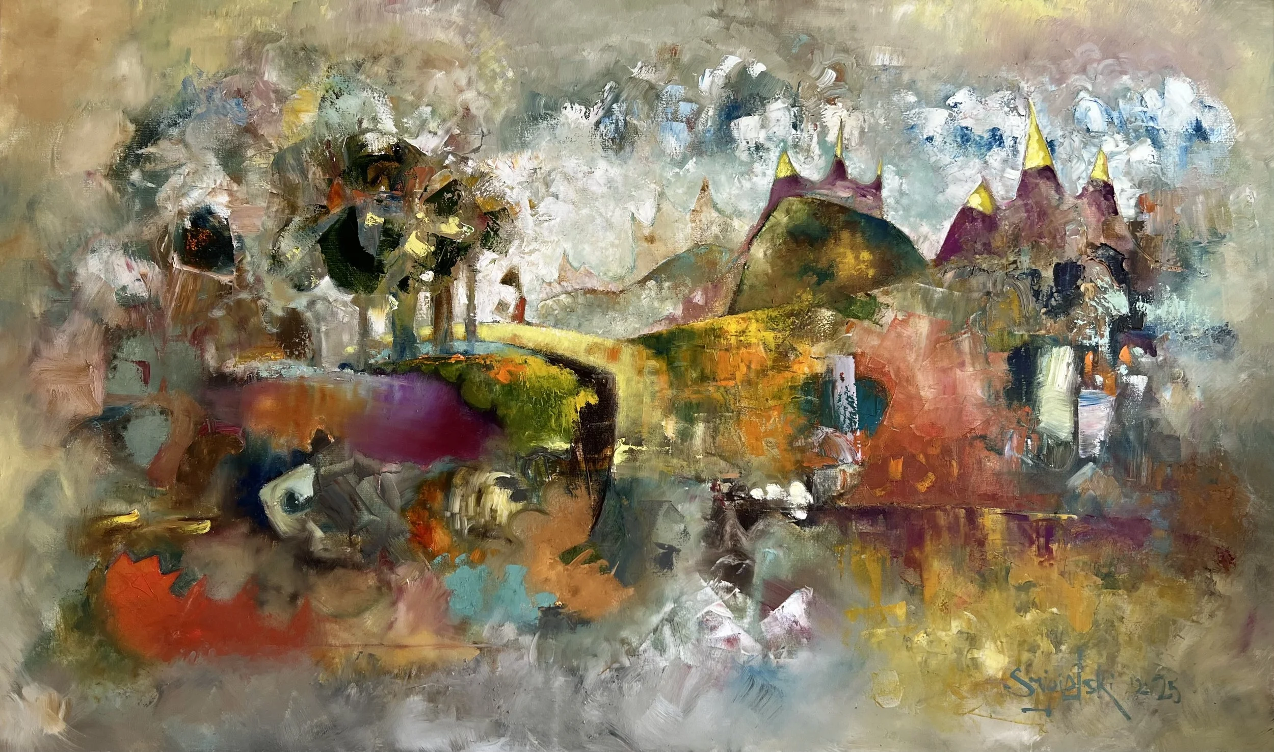 Original Large Abstract  Oil Painting of Person Reading in Fantasy Landscape with Dragon Mountains in Yellow, Purple & Teal