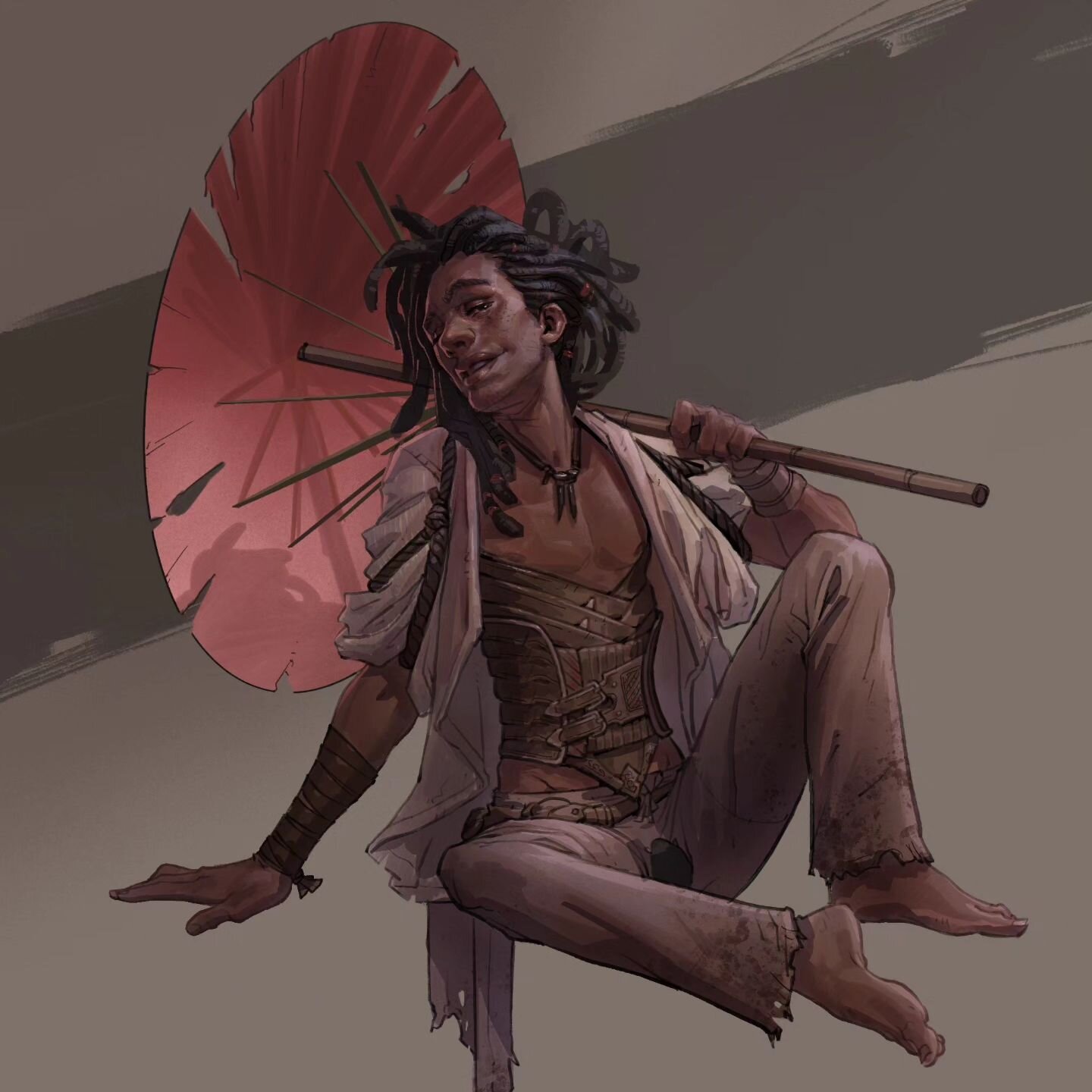 My pandemic character, 'Him'. Addict, hobo, sex worker, spy master, cult leader, rogue inquisitive. Klaus meets Varys. SO much fun to play this maniac with his Big Brunch Energy. His tattered parasol was his weapon.

#dnd5e #character #perception #ba
