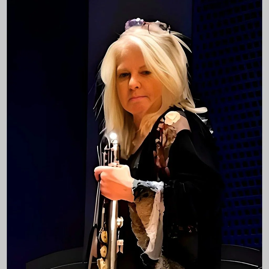 A woman with blonde hair holding a bass flute