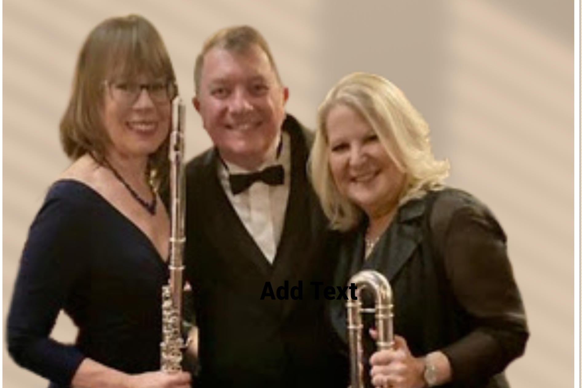 Three musicians in formal attire holding flutes, standing together and smiling for the camera.