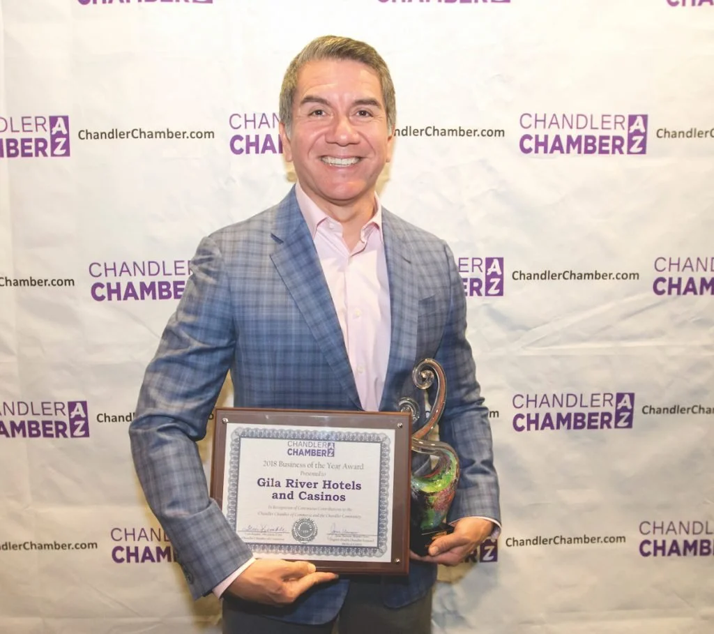Gila River Gaming Enterprises CEO Kenneth Manuel accepts the 2018 Business of the Year Award from the Chandler, Arizona Chamber of Commerce. (Courtesy Gila River Gaming Enterprises, Inc.)