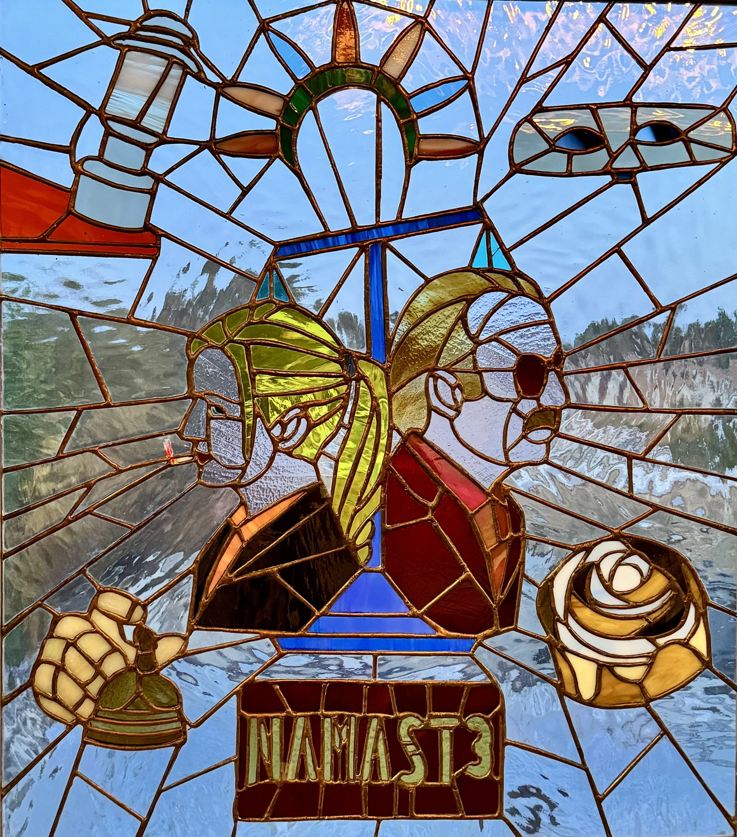 stained glass depicting lovers, lawyers, symbols of undone justice, downfall, corruption, discovery, ruin, faded ideals, death, murder. stained glass with shards of red, purple, gold, blue. translucent glass. mythic symbols. narrative.