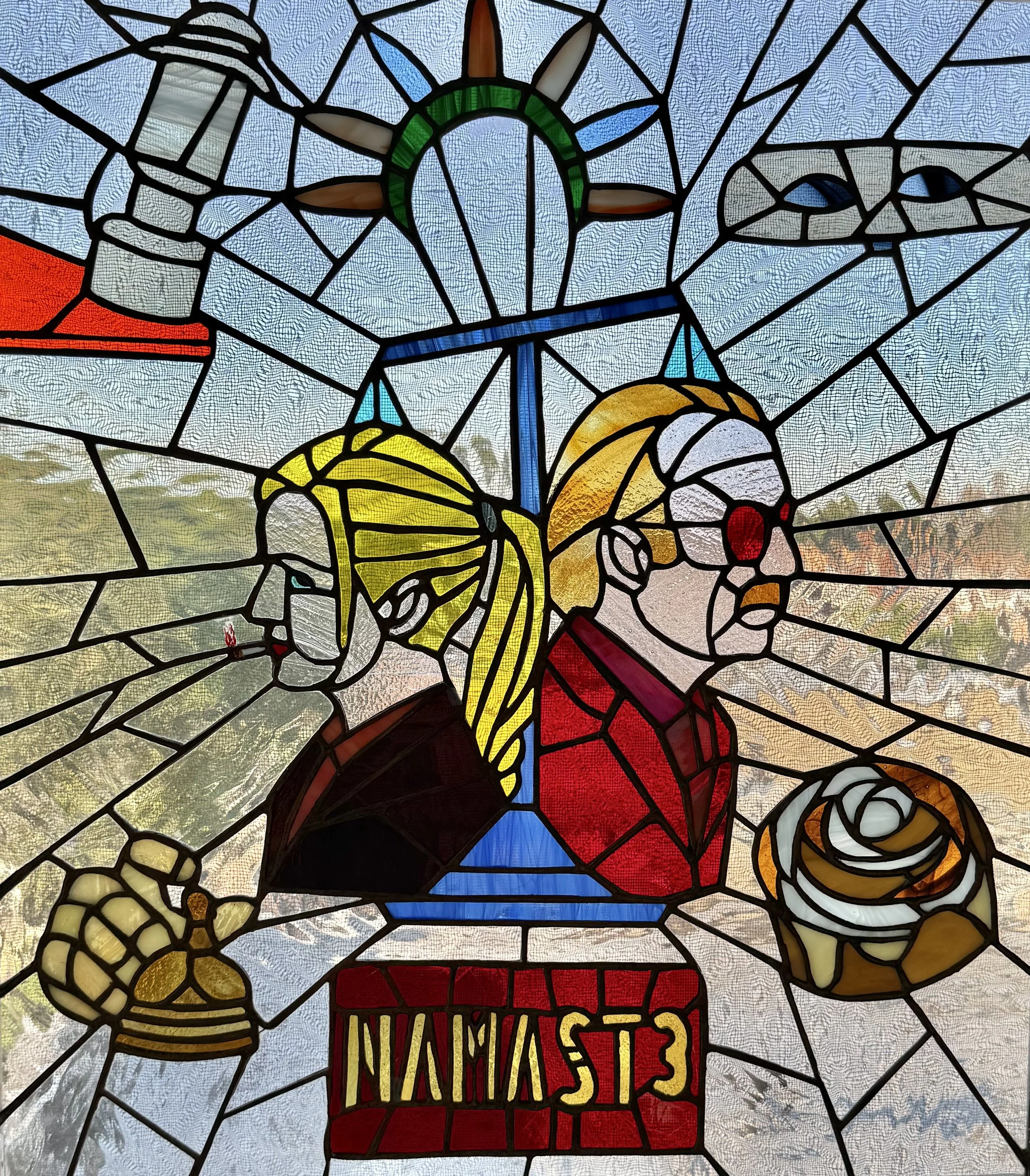 stained glass namast3 depicting lovers lawyers, symbols of undone justice, downfall, corruption, discovery, ruin, faded ideals, death, murder. stained glass with shards of red, purple, gold, blue. translucent glass. mythic symbolic narrative.