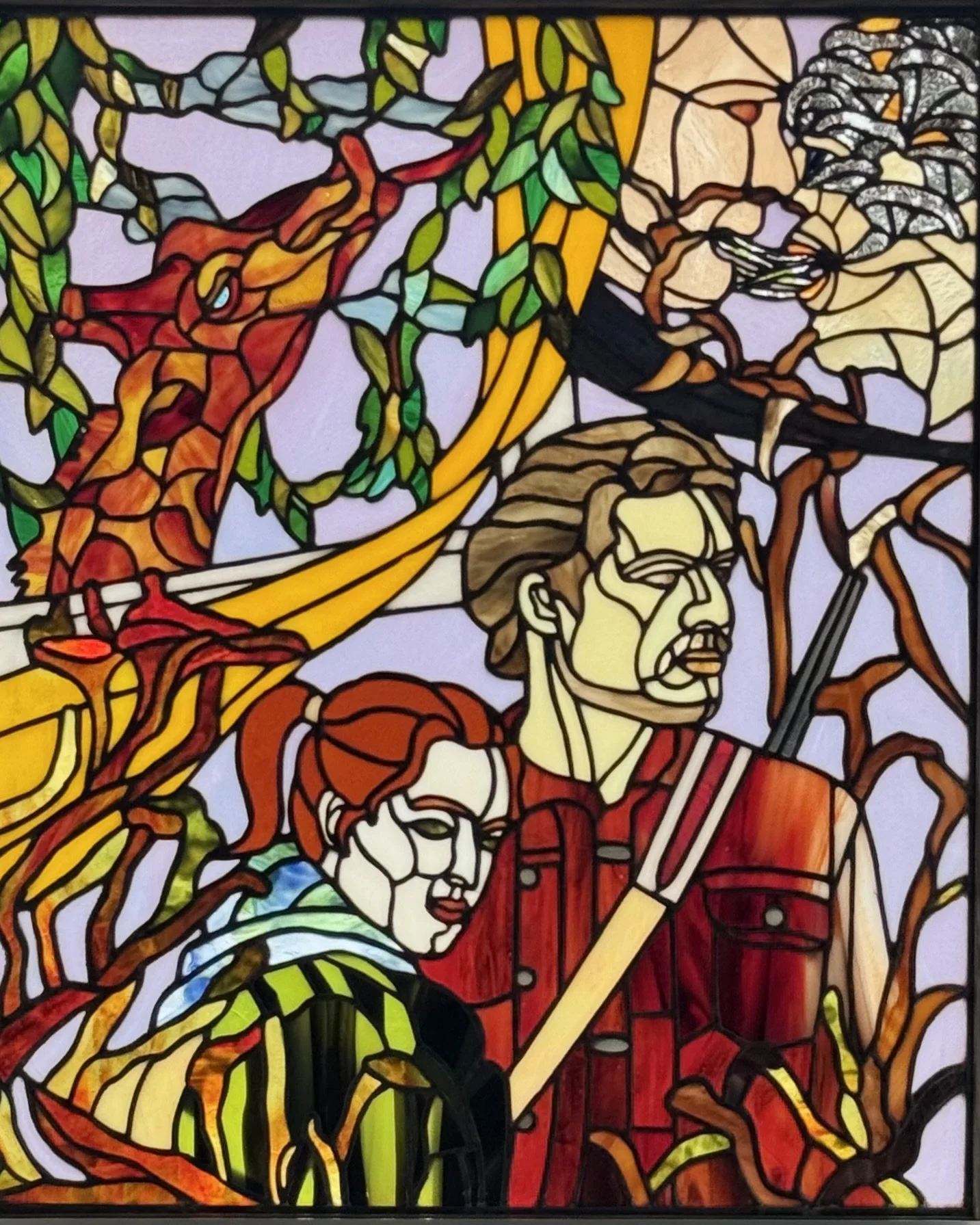 Stained glass artwork depicting father and daughter figures, surrounded by creeping fungi and flaming background. muted earth tones, bursts of flame, tawny gold, fungal greensand brown shards entwined in light. mythic symbols.