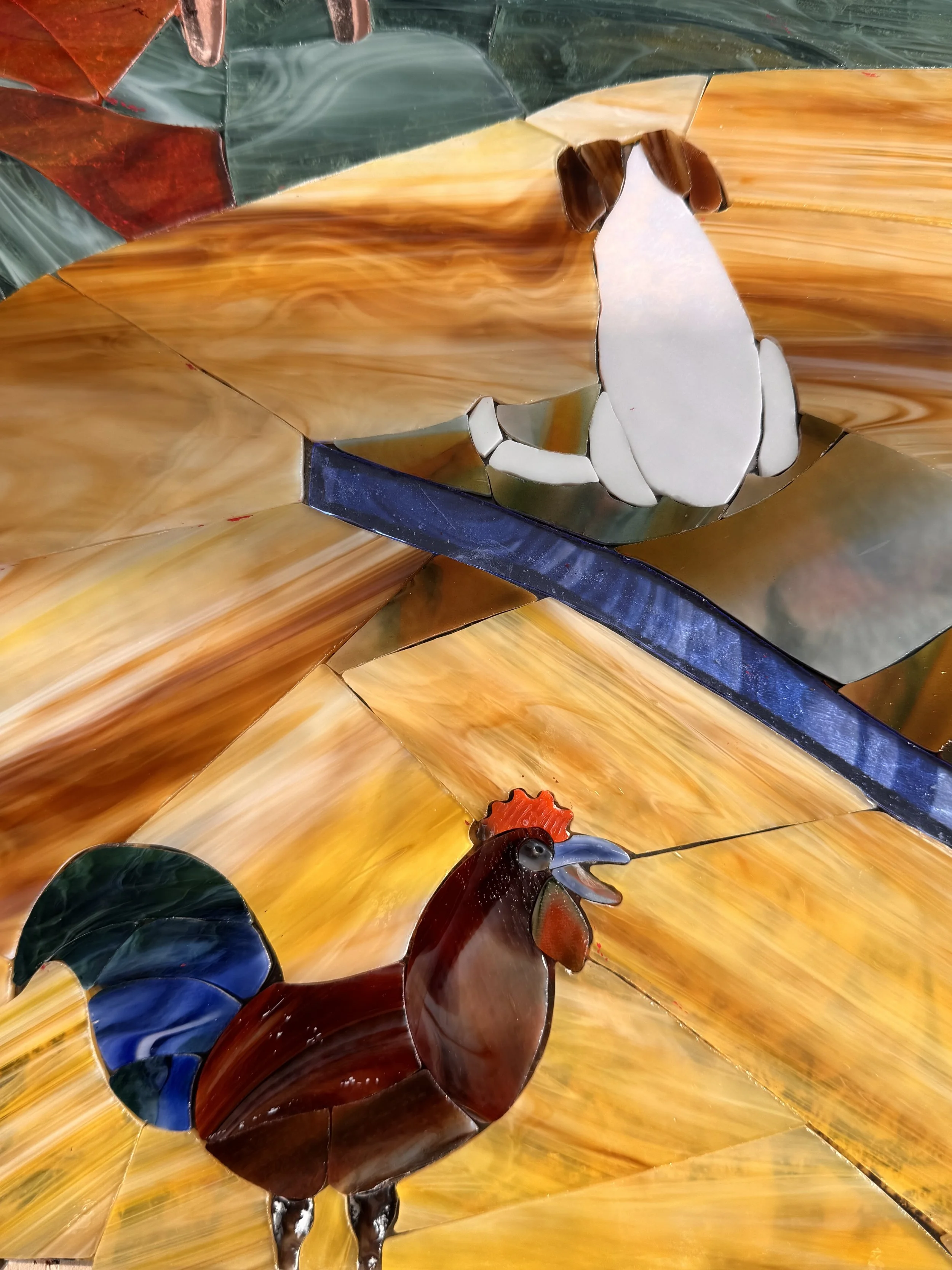 Mornin' detail of glass pieces in place for rooster and dog
