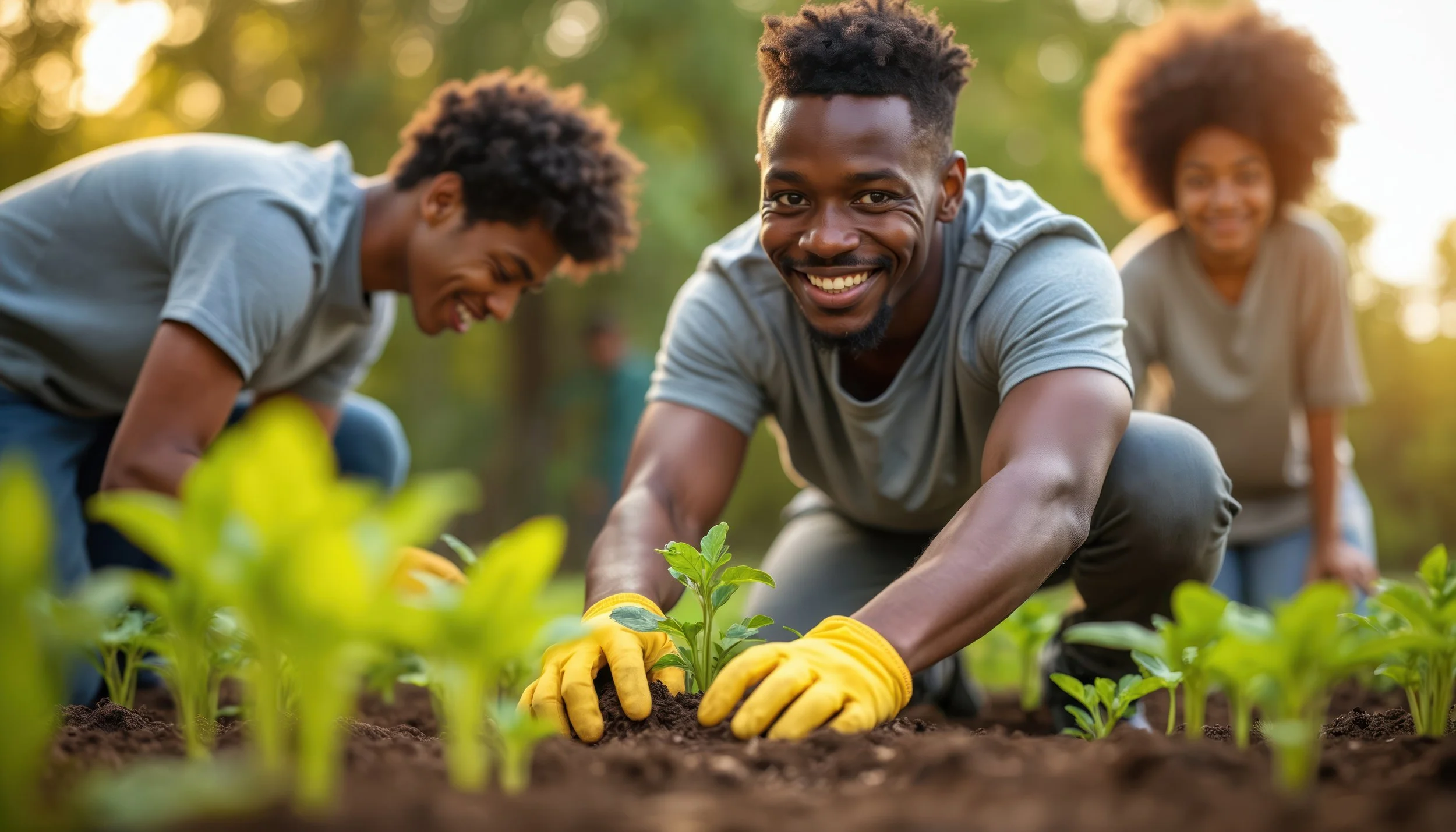 Three people planting a young tree in a garden, smiling and wearing gloves, with sunlight filtering through trees in the background.