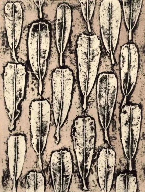 "Variations on a Theme 3, Banksia praemora" OEV1 2014 ©Jacky Lowry; original hand coloured real-plant collagraph print on paper.