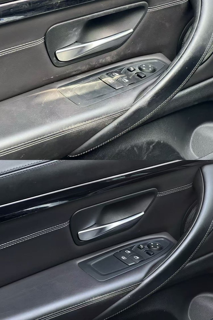 Car door panel before and after detailed cleaning