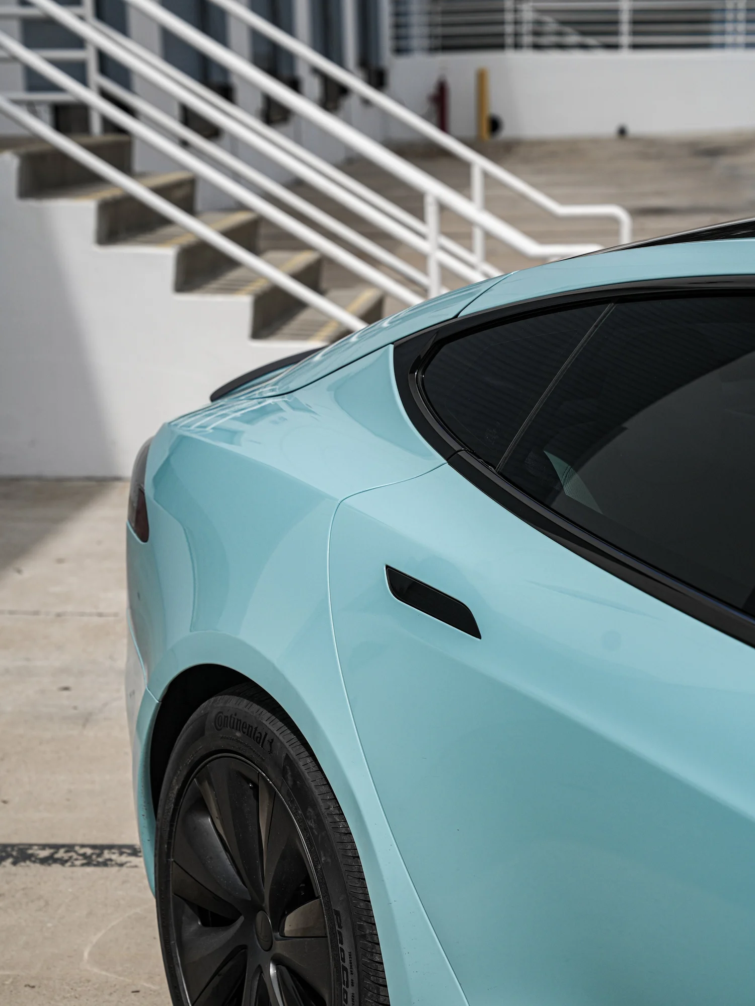 Tesla Model S Missen Blue Colored PPF after Paint Protection Film (PPF), rear-quarter and wheel view