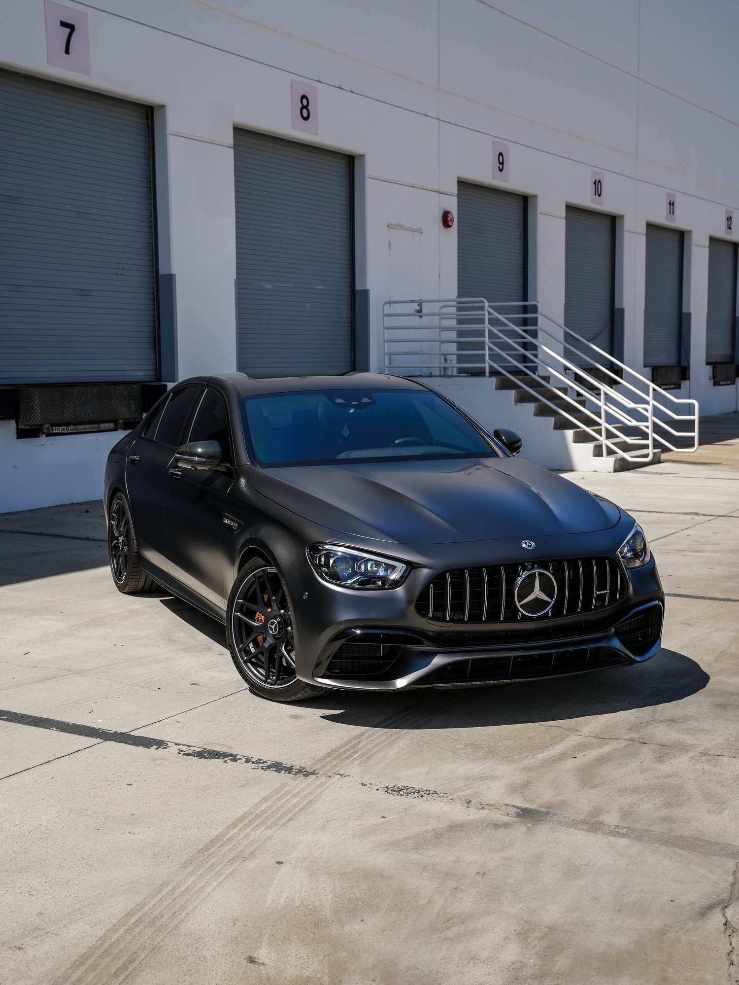 Mercedes-AMG E 63 S after Matte PPF, low-angle front view