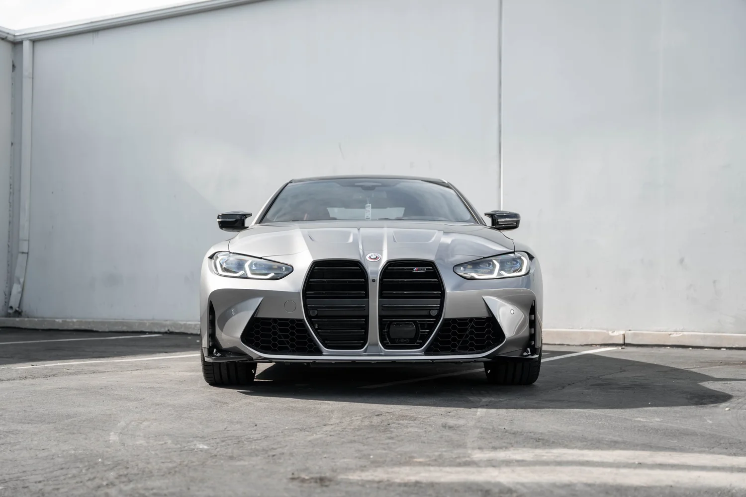 BMW M4 Silver Vinyl Wrap, wide front view