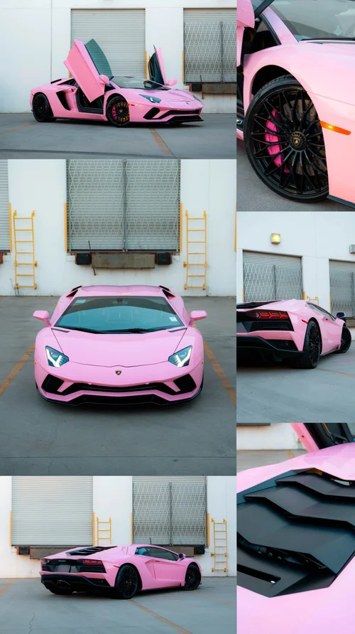 Pink Lamborghini Aventador Toyz project shown from several angles with its scissor doors open