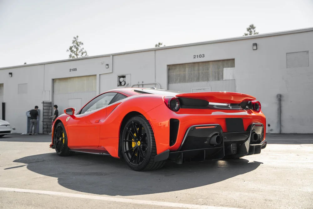 Ferrari 488 Pista rear three-quarter view