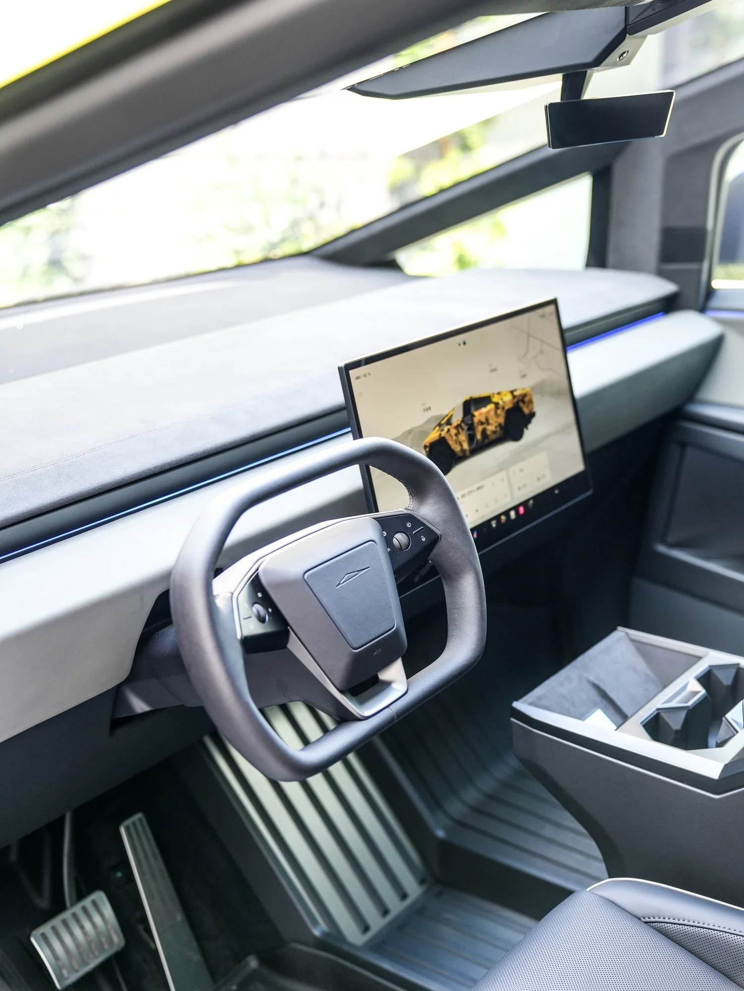 Tesla Cybertruck Inozetek Racing Yellow after Window Tint and Vinyl Wrap, interior cabin detail