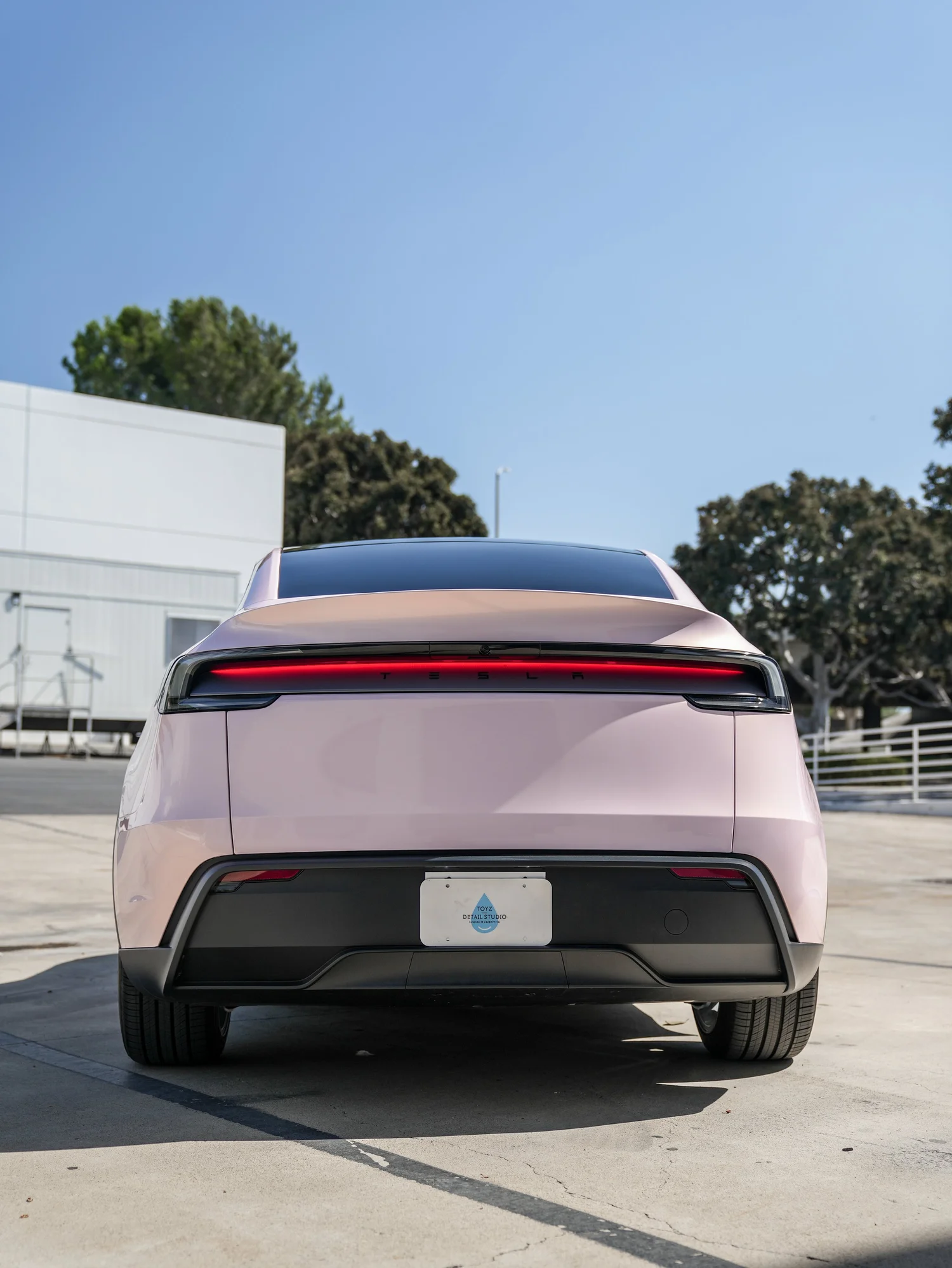 Tesla Model Y Champagne Pink after Vinyl Wrap, rear body and taillight view