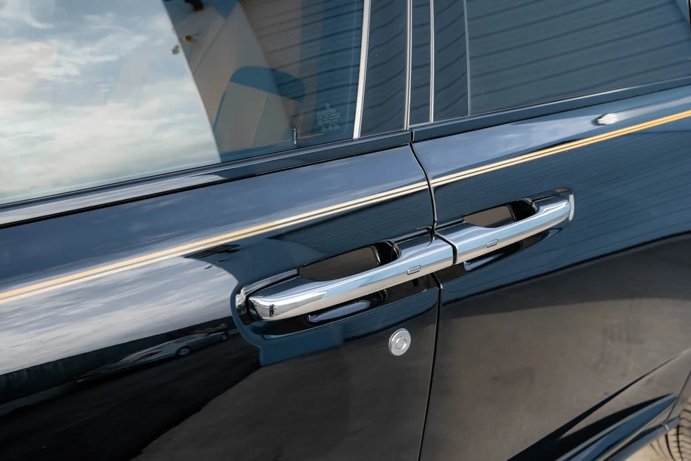 Side-window and door-handle detail with the yellow stripe crossing the black body.