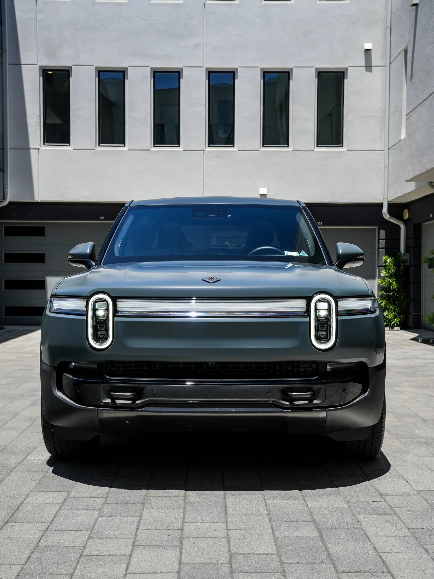 Rivian R1T after Matte PPF and Window Tint, direct front view