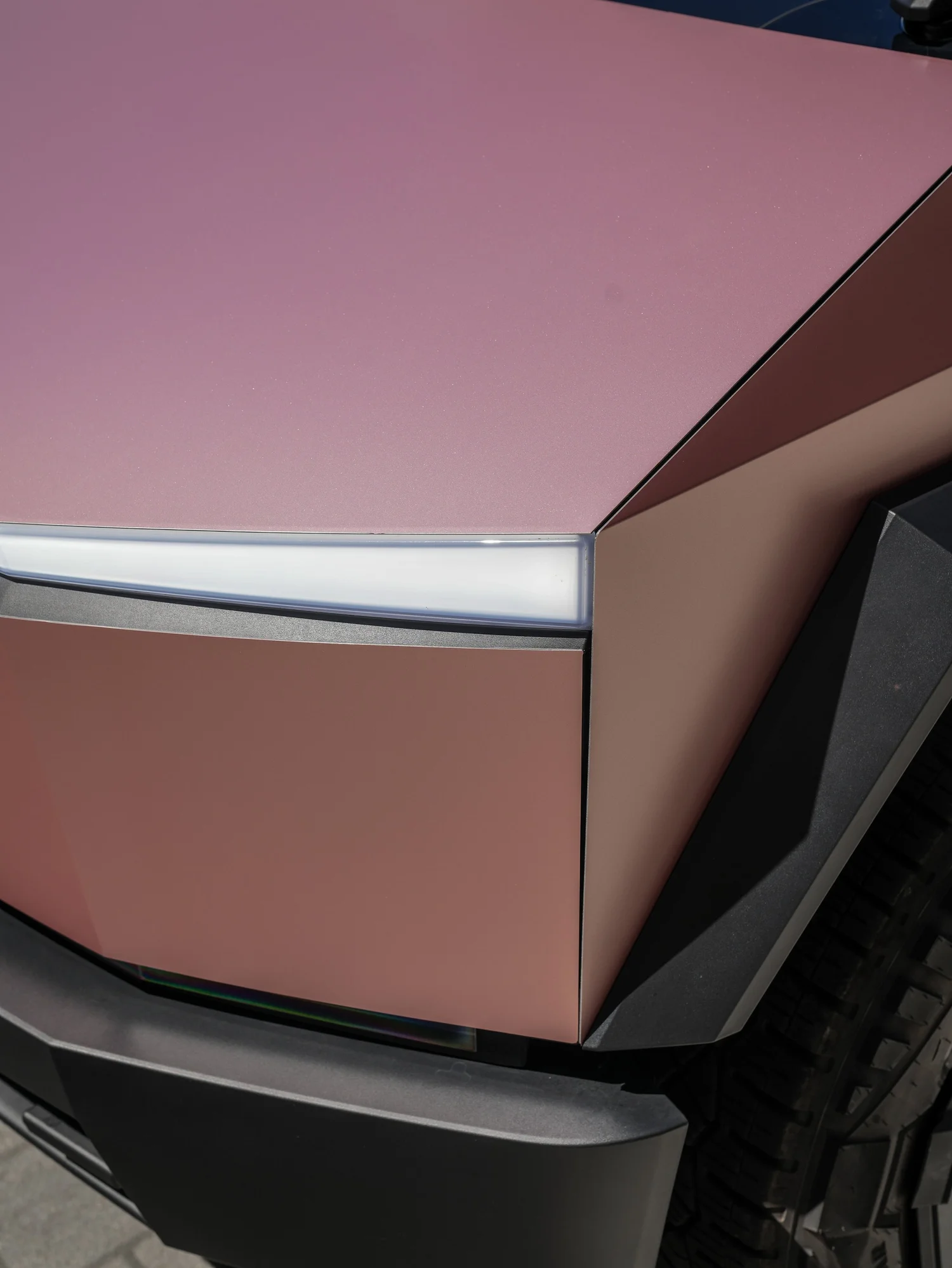 Tesla Cybertruck Matte Champagne Gold after Vinyl Wrap, film-edge and surface-finish detail