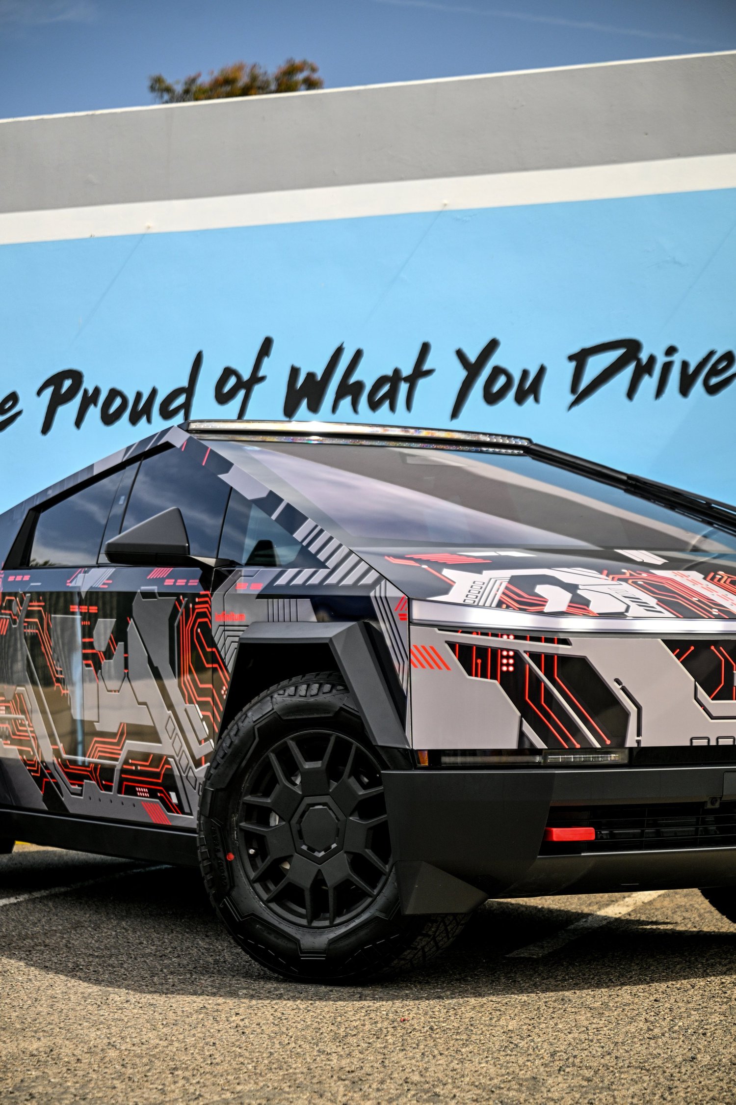 Front three-quarter view of Tesla Cybertruck custom graphic wrap