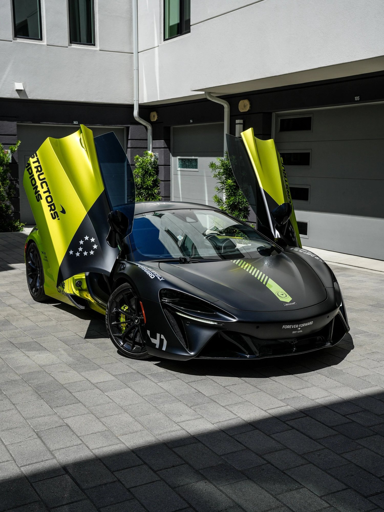 McLaren Artura MCL38 Tribute Custom Wrap after Window Tint, Vinyl Wrap and Custom Graphics, full vehicle with open doors