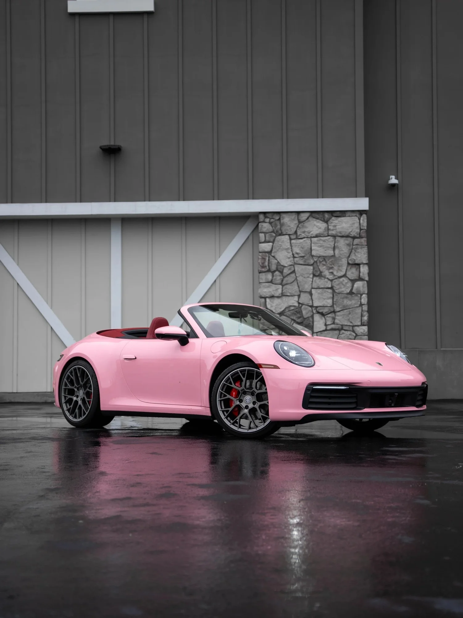 Porsche 911 Sakura Pink after Vinyl Wrap, front-left three-quarter view