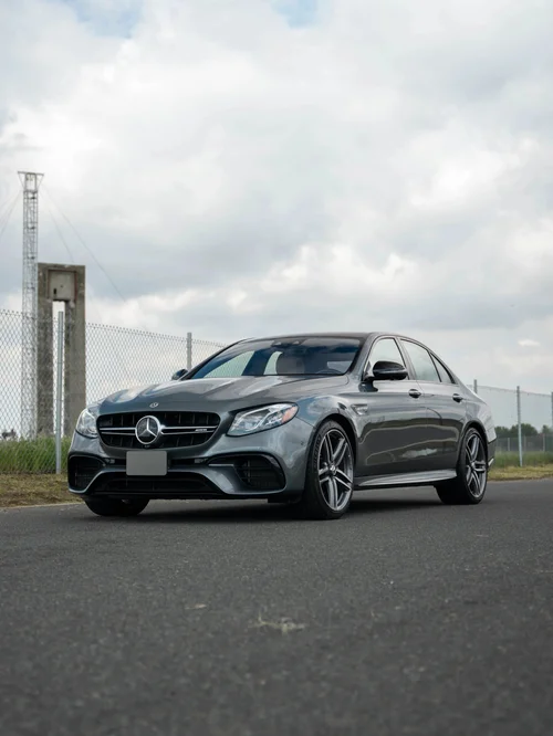 Silver Mercedes-AMG E 63 S, front three-quarter view