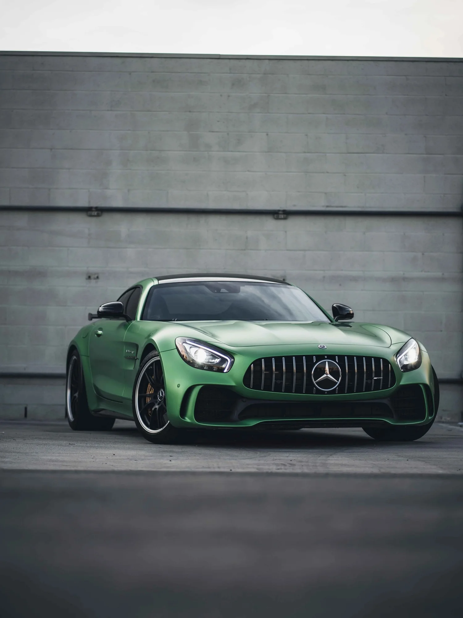 Mercedes-AMG GTR after Matte PPF, low-angle front view