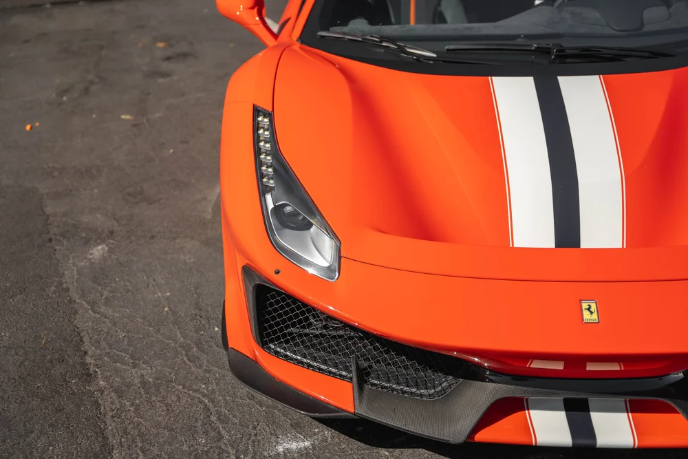 Ferrari 488 Pista hood stripe and headlight detail