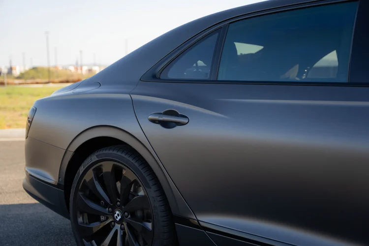 Rear-door and wheel detail showing the gray bodywork beneath dark side glass.