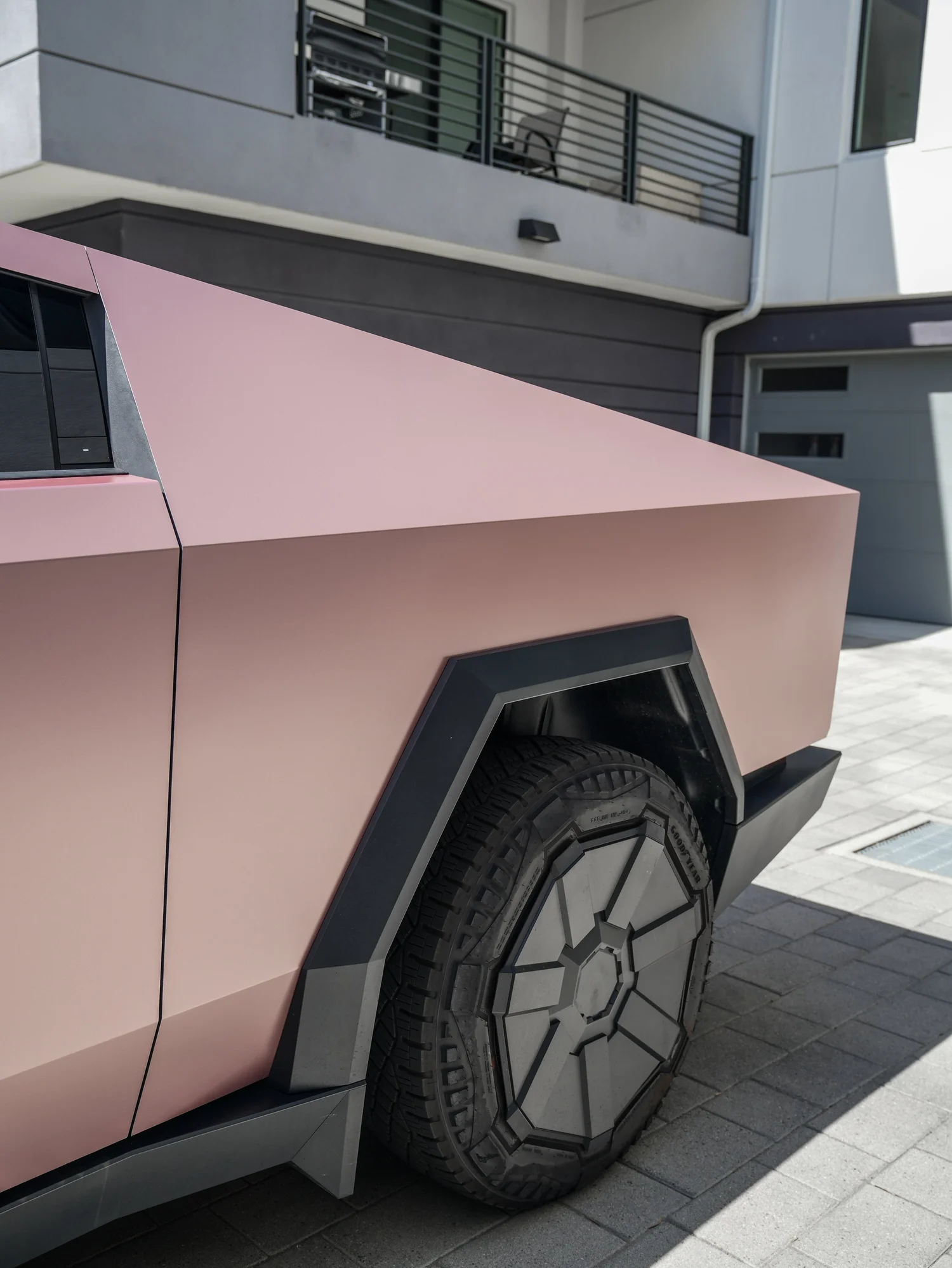 Tesla Cybertruck Matte Champagne Gold after Vinyl Wrap, rear-quarter and wheel view