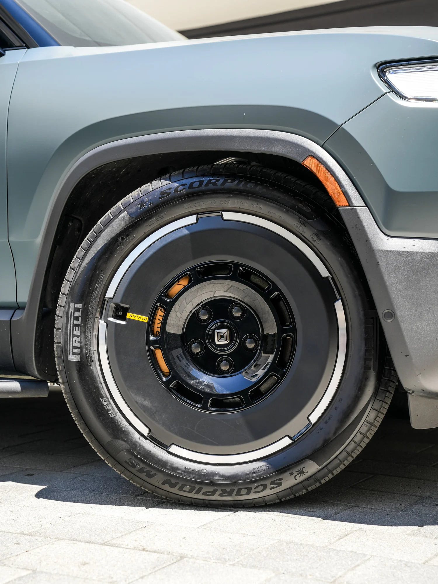 Rivian R1T after Matte PPF and Window Tint, front-fender and wheel view