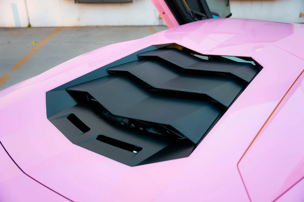 Black engine-cover louvers surrounded by Sakura Pink Lamborghini Aventador rear bodywork