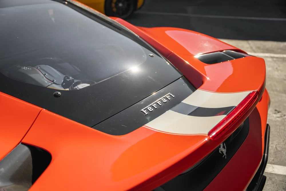 Ferrari 488 Pista rear glass and Ferrari wordmark detail