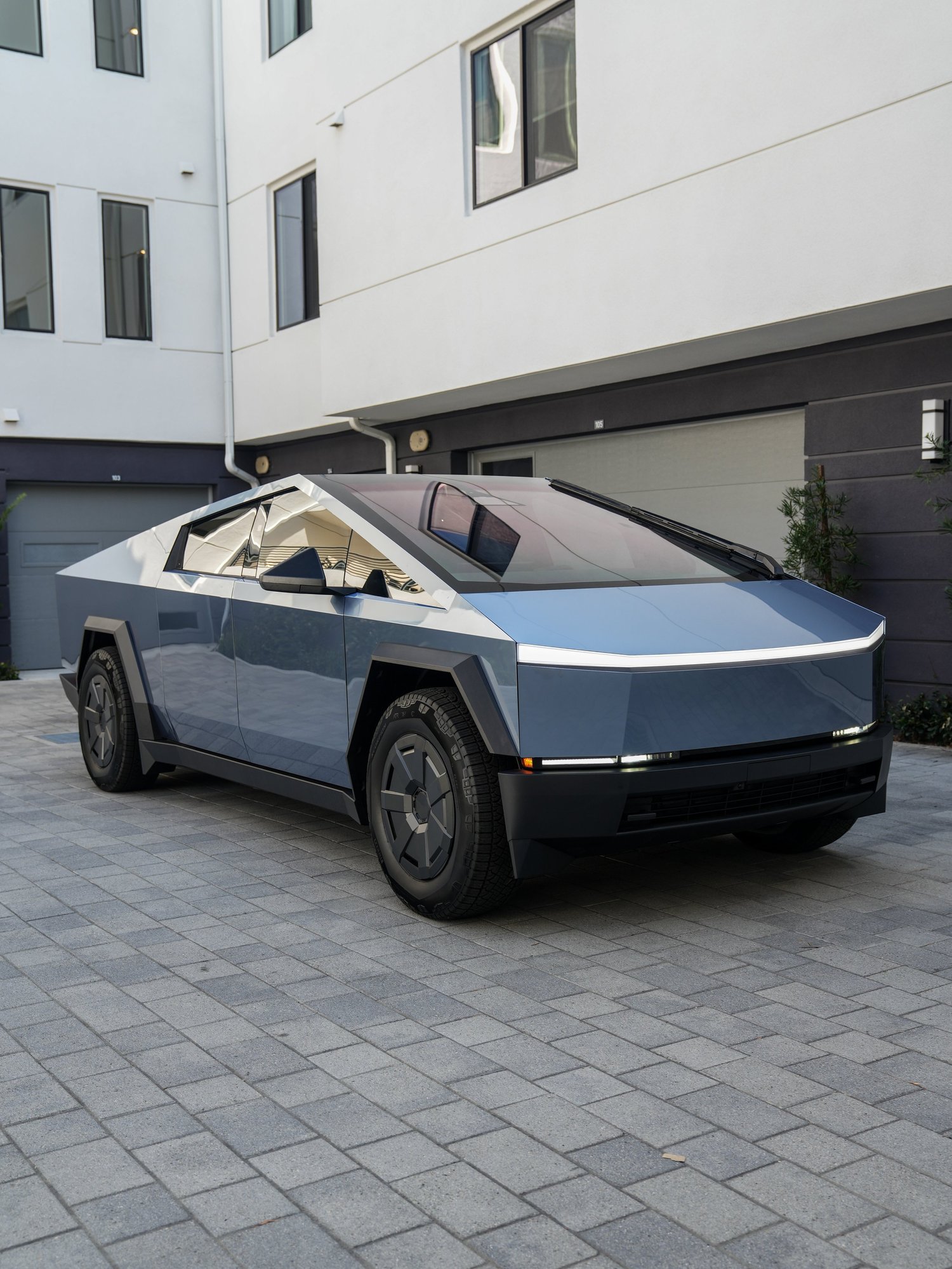 Tesla Cybertruck Tungsten Blue PPF after Paint Protection Film (PPF), front-left three-quarter view