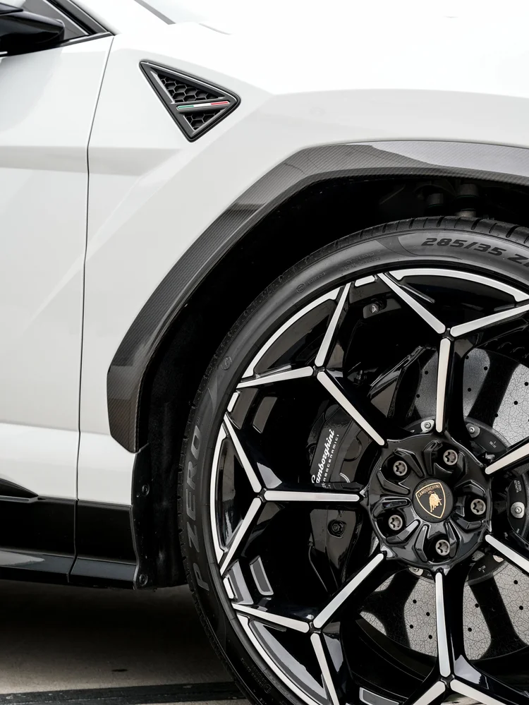 Close front wheel, Lamborghini-lettered caliper, drilled brake disc, woven-pattern arch trim and front-fender vent with a tricolor accent.