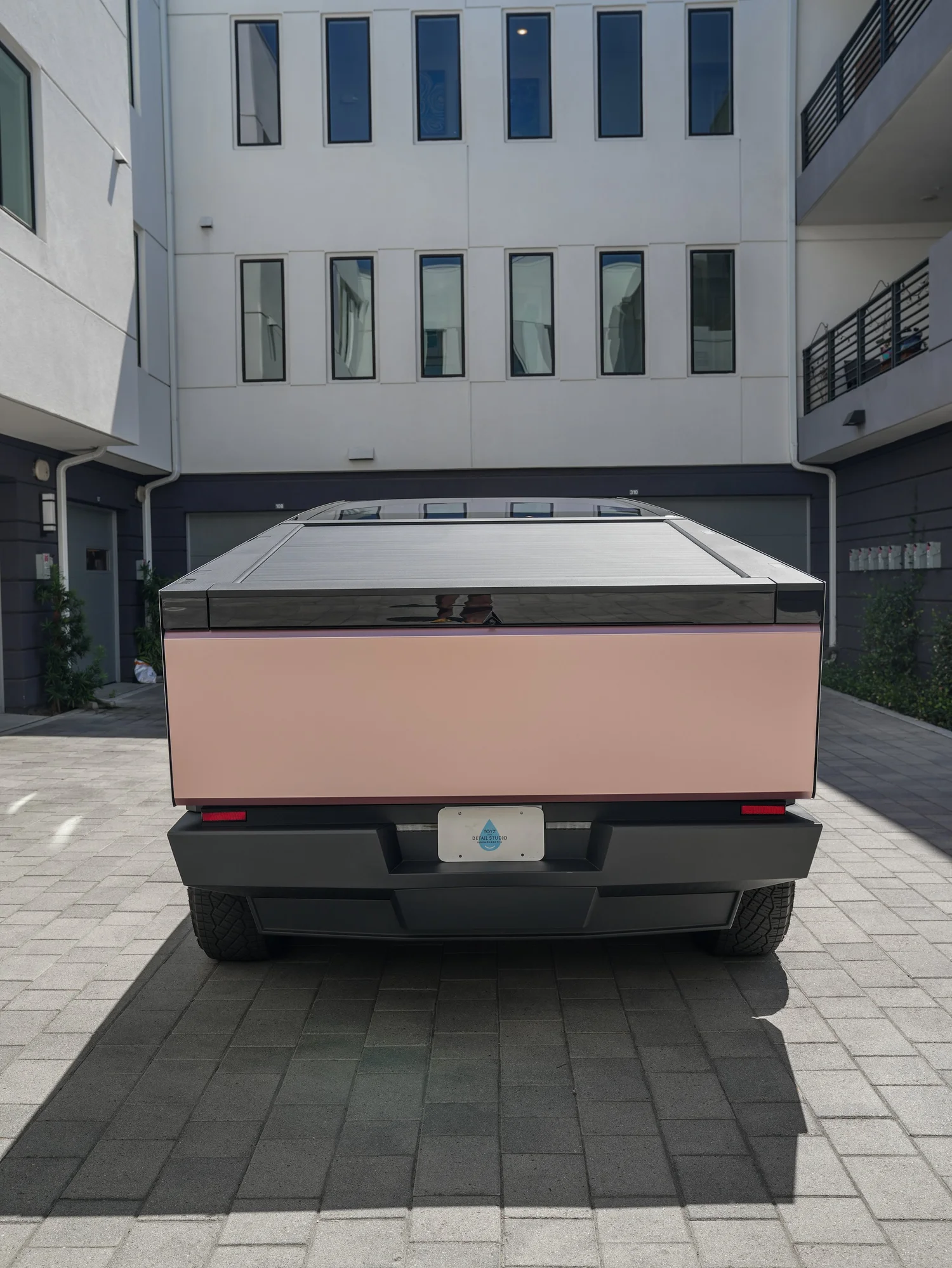 Tesla Cybertruck Matte Champagne Gold after Vinyl Wrap, direct rear view