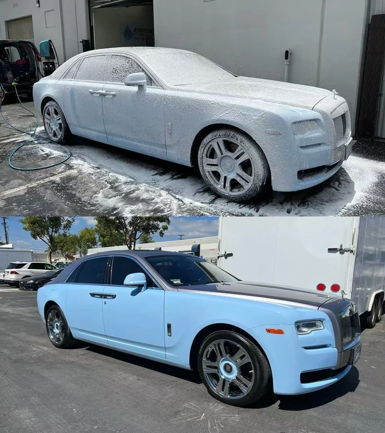 Before-and-after exterior detailing result on a blue luxury vehicle